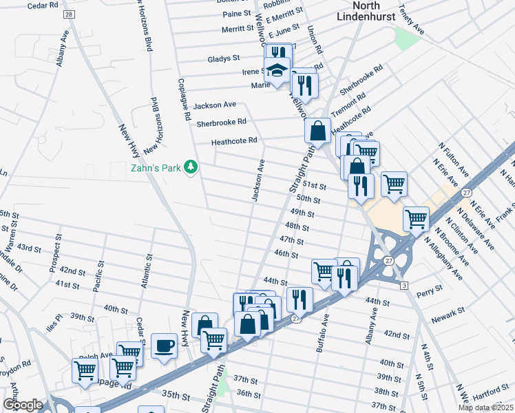 map of restaurants, bars, coffee shops, grocery stores, and more near 357 49th Street in Lindenhurst