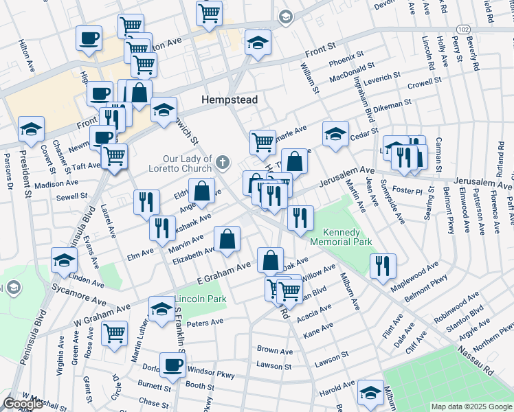 map of restaurants, bars, coffee shops, grocery stores, and more near 1 Jerusalem Avenue in Hempstead