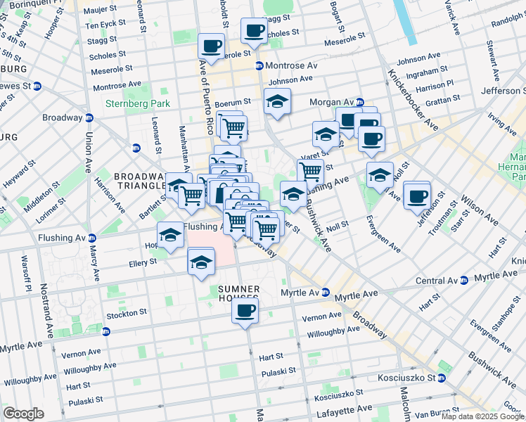 map of restaurants, bars, coffee shops, grocery stores, and more near 39 Fayette Street in Brooklyn