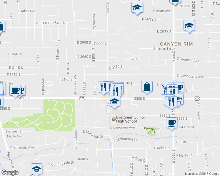 map of restaurants, bars, coffee shops, grocery stores, and more near 3219 S 2000 E in Salt Lake City
