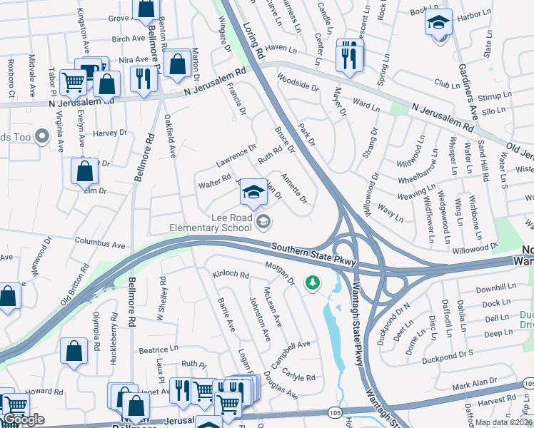 map of restaurants, bars, coffee shops, grocery stores, and more near 1004 Brent Drive in Wantagh