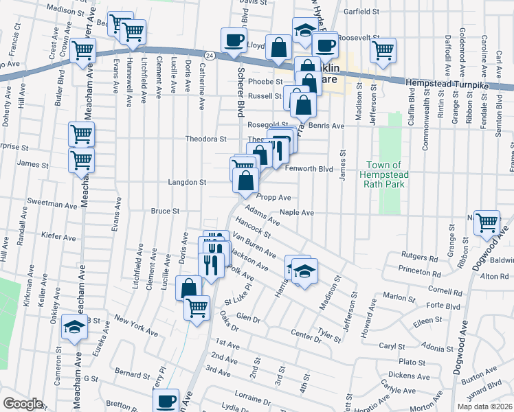 map of restaurants, bars, coffee shops, grocery stores, and more near 1074 Adams Avenue in Franklin Square
