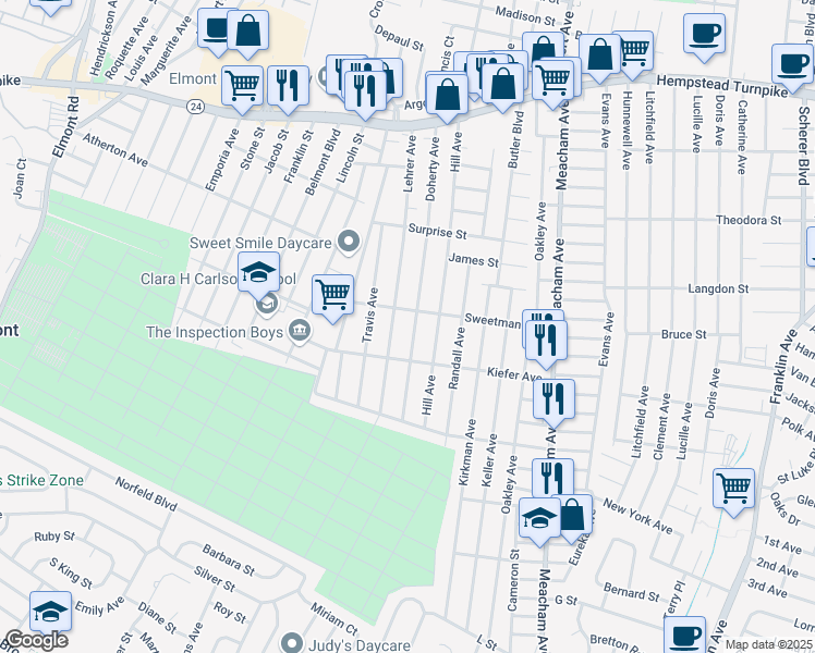 map of restaurants, bars, coffee shops, grocery stores, and more near 278 Doherty Avenue in Elmont