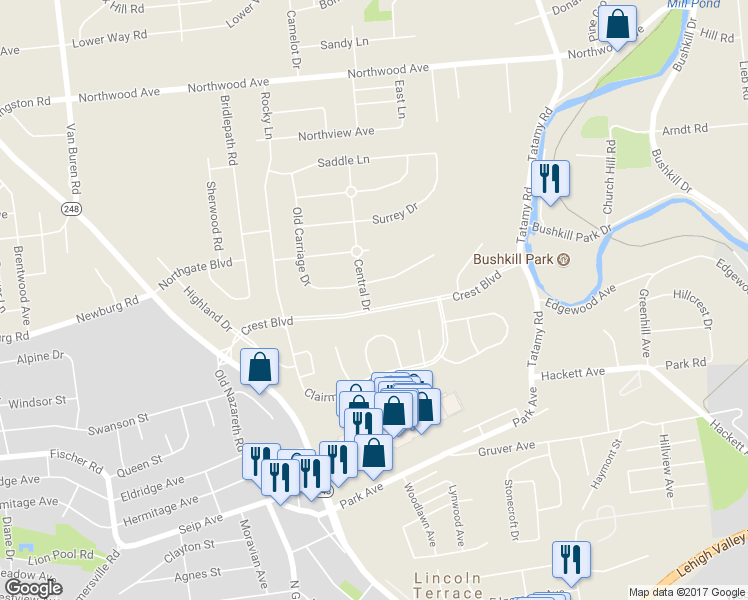 map of restaurants, bars, coffee shops, grocery stores, and more near 9 Central Drive in Easton
