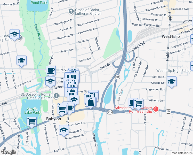 map of restaurants, bars, coffee shops, grocery stores, and more near 10 Pearsall Place in Babylon