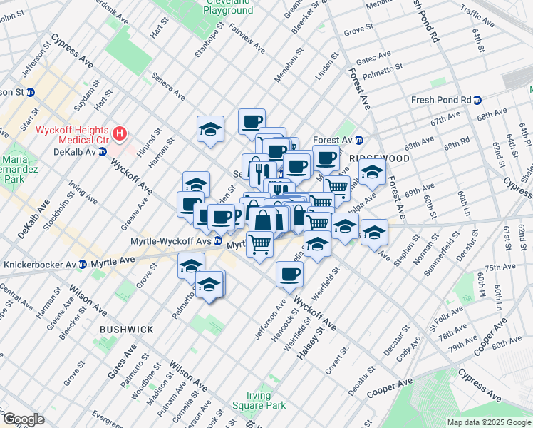 map of restaurants, bars, coffee shops, grocery stores, and more near 1684 Woodbine Street in Queens