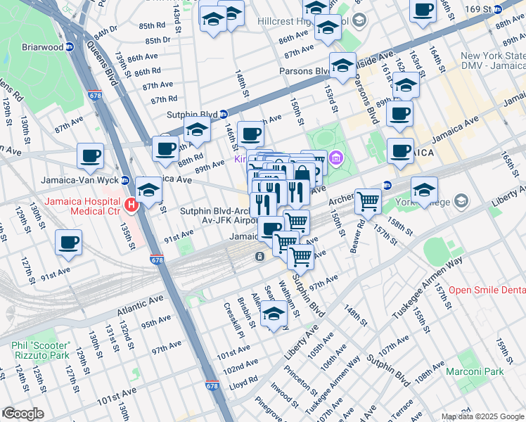 map of restaurants, bars, coffee shops, grocery stores, and more near 91-02 Sutphin Boulevard in Queens
