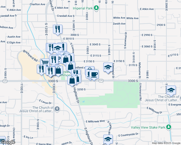 map of restaurants, bars, coffee shops, grocery stores, and more near 3211 South 1530 East in Salt Lake City