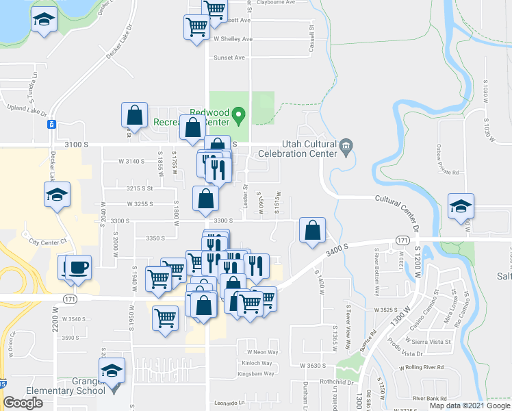 map of restaurants, bars, coffee shops, grocery stores, and more near 1571 West 3255 South in West Valley City