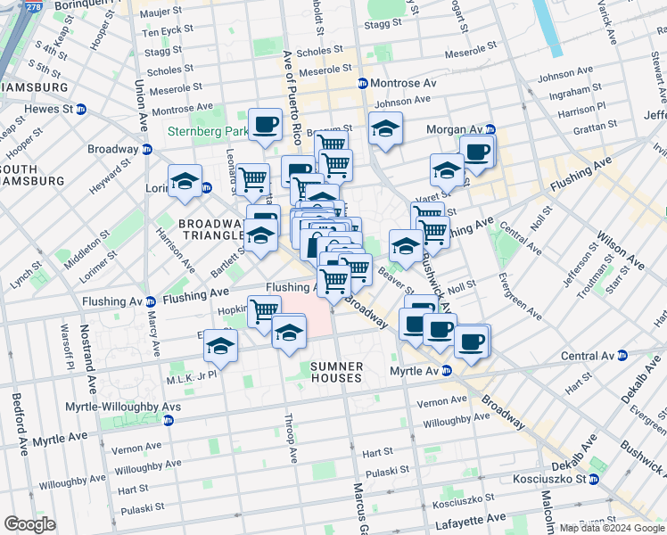 map of restaurants, bars, coffee shops, grocery stores, and more near 793 Flushing Avenue in Brooklyn