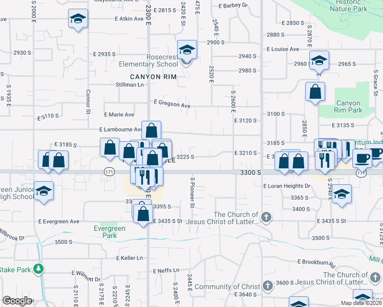 map of restaurants, bars, coffee shops, grocery stores, and more near 2457 3225 South in Salt Lake City