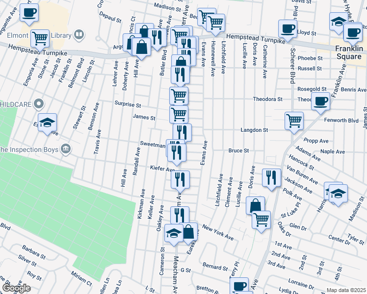 map of restaurants, bars, coffee shops, grocery stores, and more near 255 Meacham Avenue in Elmont