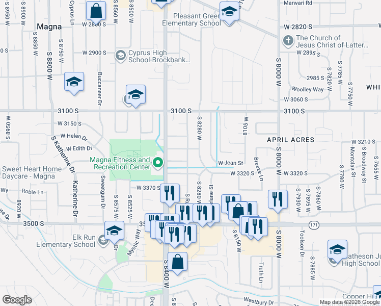 map of restaurants, bars, coffee shops, grocery stores, and more near 3255 South Rulon Street in Magna