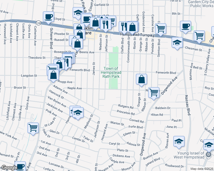 map of restaurants, bars, coffee shops, grocery stores, and more near 251 Jefferson St in Franklin Square