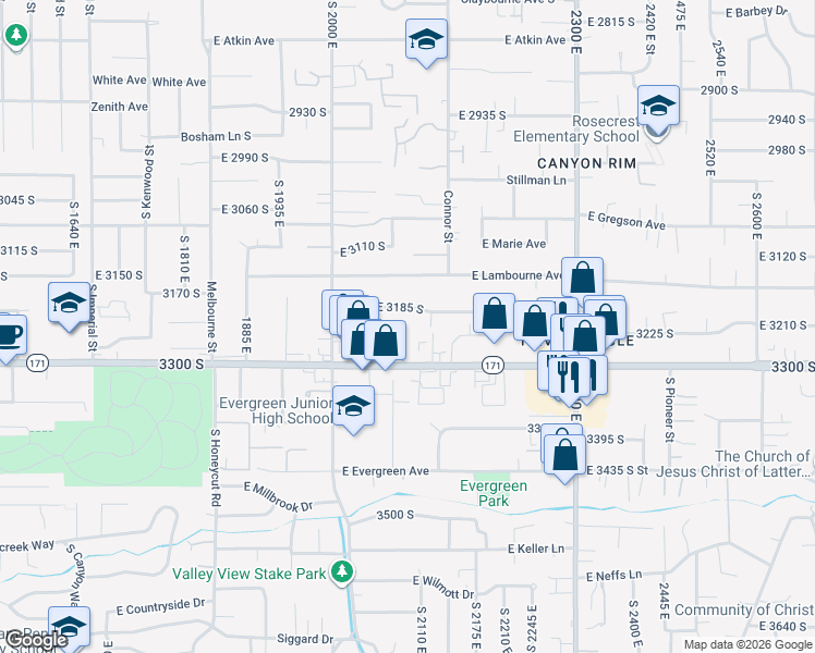 map of restaurants, bars, coffee shops, grocery stores, and more near 3215 South 2100 East in Salt Lake City