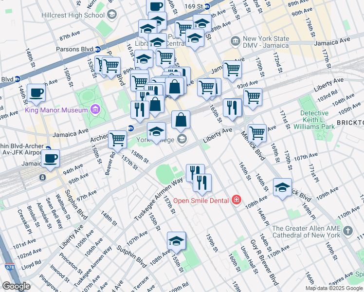 map of restaurants, bars, coffee shops, grocery stores, and more near 94-20 Guy R Brewer Boulevard in Queens