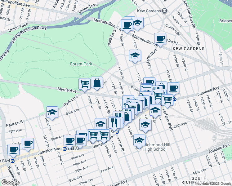 map of restaurants, bars, coffee shops, grocery stores, and more near 85-14 113th Street in Queens