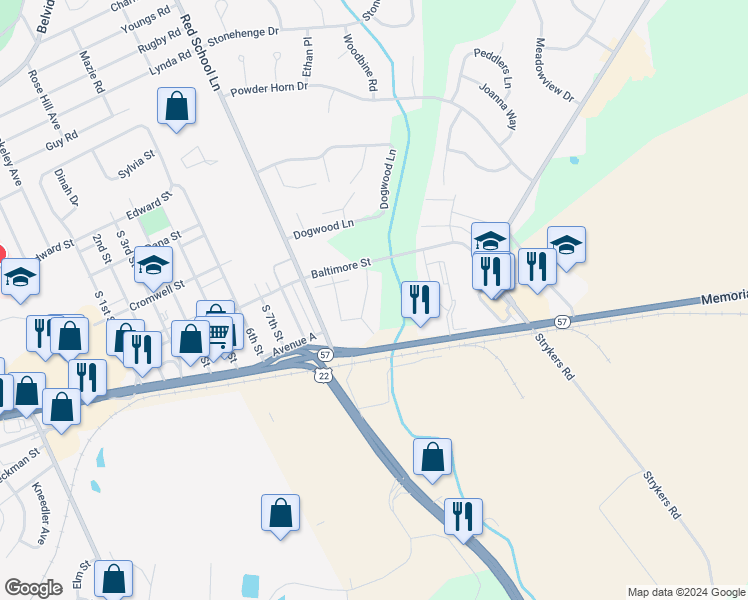 map of restaurants, bars, coffee shops, grocery stores, and more near 91 Limerick Lane in Phillipsburg