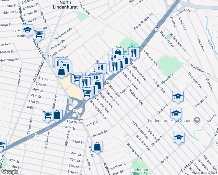 map of restaurants, bars, coffee shops, grocery stores, and more near 838 North Erie Avenue in Lindenhurst