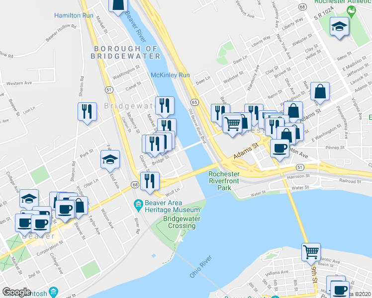 map of restaurants, bars, coffee shops, grocery stores, and more near 11 Bridge Street in Beaver
