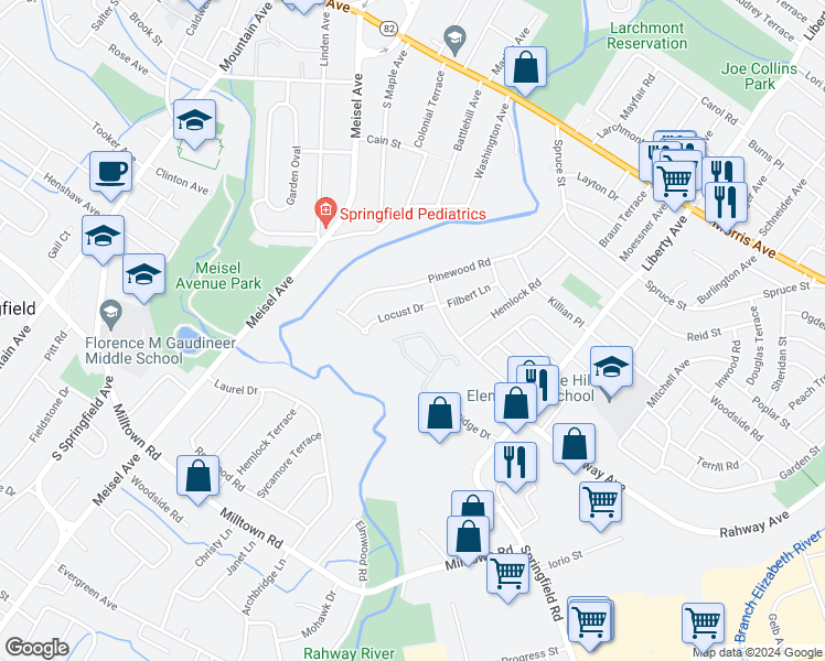 map of restaurants, bars, coffee shops, grocery stores, and more near 705 Ridge Drive in Union