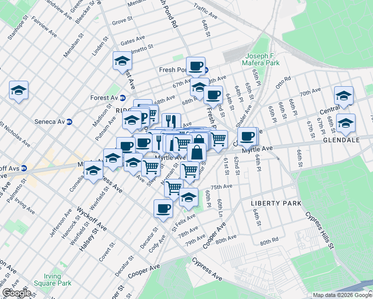 map of restaurants, bars, coffee shops, grocery stores, and more near 60-26 71st Avenue in Queens