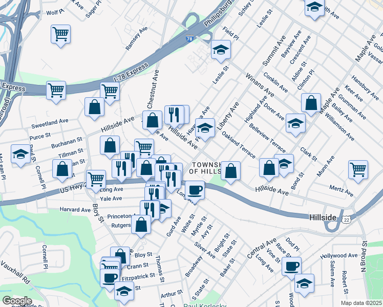 map of restaurants, bars, coffee shops, grocery stores, and more near 311 Florence Avenue in Hillside