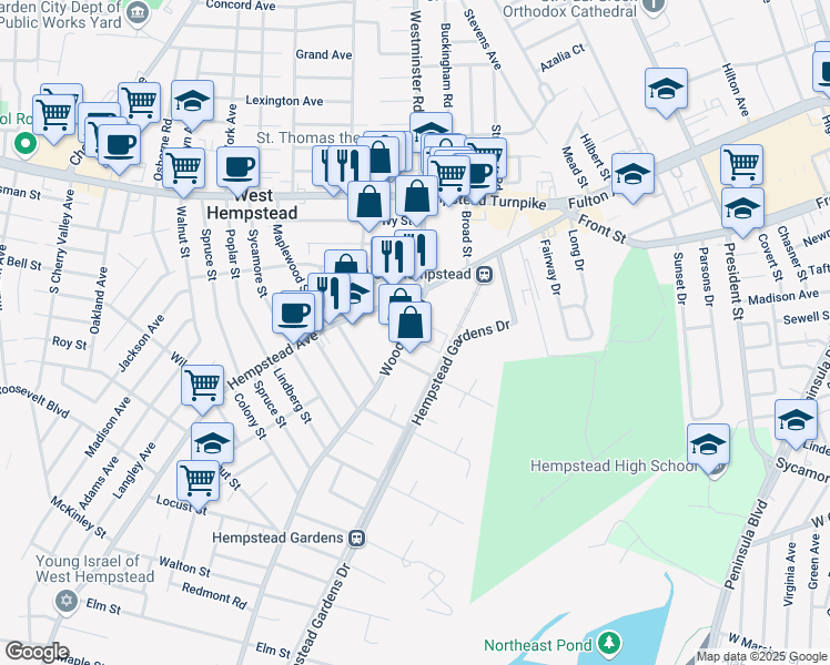 map of restaurants, bars, coffee shops, grocery stores, and more near 135 Woodfield Road in West Hempstead