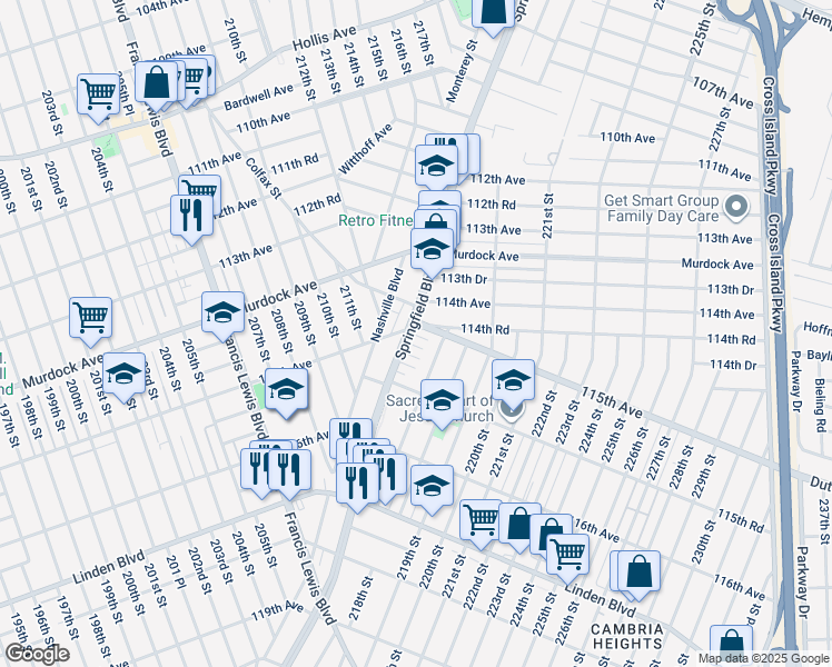 map of restaurants, bars, coffee shops, grocery stores, and more near 216-01 115th Court in Queens