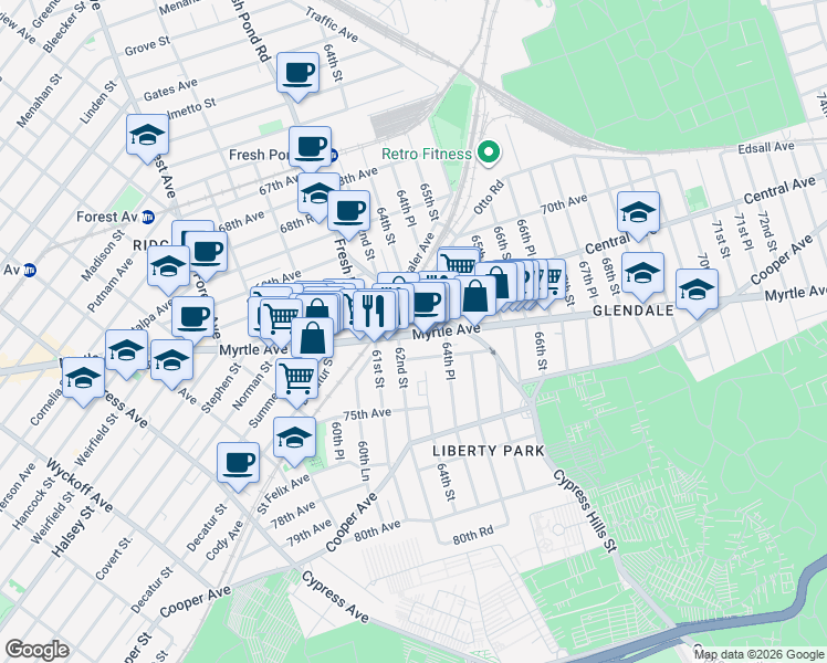 map of restaurants, bars, coffee shops, grocery stores, and more near 6207 Myrtle Avenue in Queens