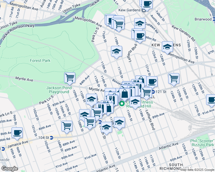 map of restaurants, bars, coffee shops, grocery stores, and more near 85-25 114th Street in Queens