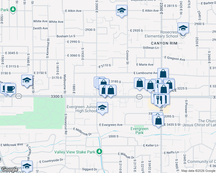 map of restaurants, bars, coffee shops, grocery stores, and more near 3211 South 2045 East in Salt Lake City