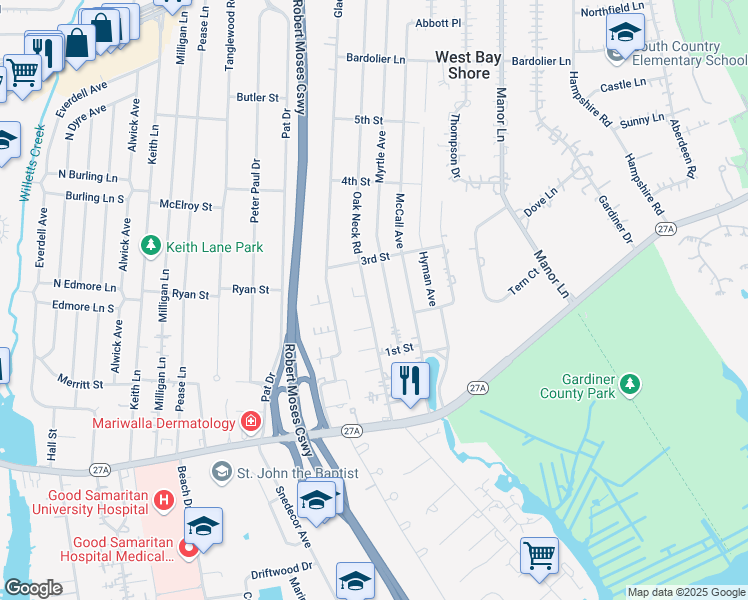 map of restaurants, bars, coffee shops, grocery stores, and more near 204 Oak Neck Road in West Islip
