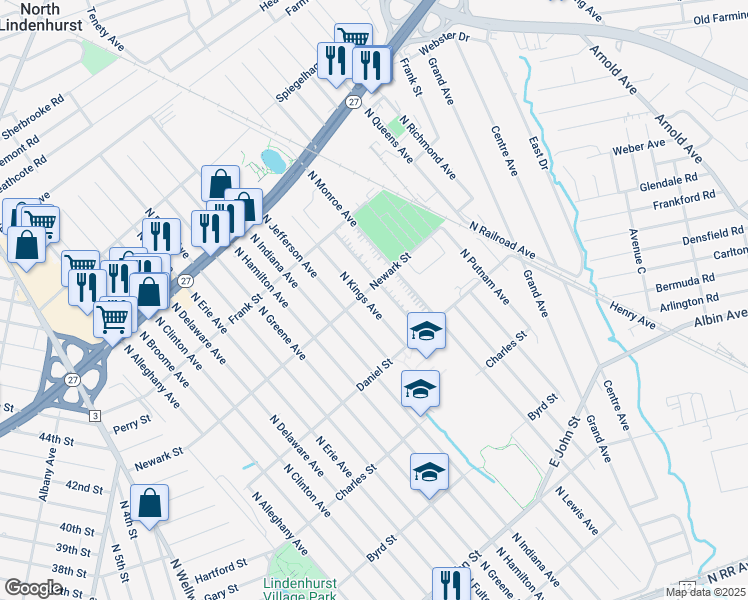 map of restaurants, bars, coffee shops, grocery stores, and more near 590 North Kings Avenue in Lindenhurst