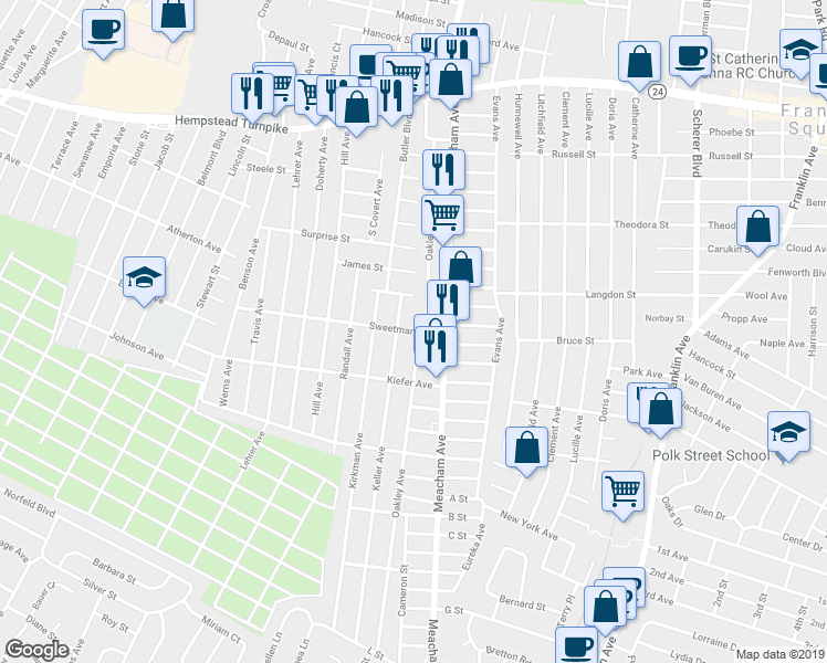 map of restaurants, bars, coffee shops, grocery stores, and more near 1371 Sweetman Avenue in Elmont