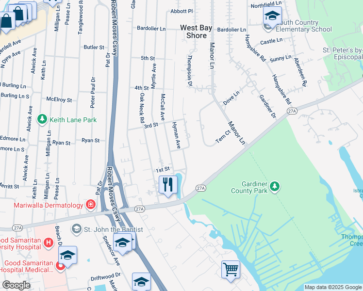 map of restaurants, bars, coffee shops, grocery stores, and more near 149 2nd Street in West Islip