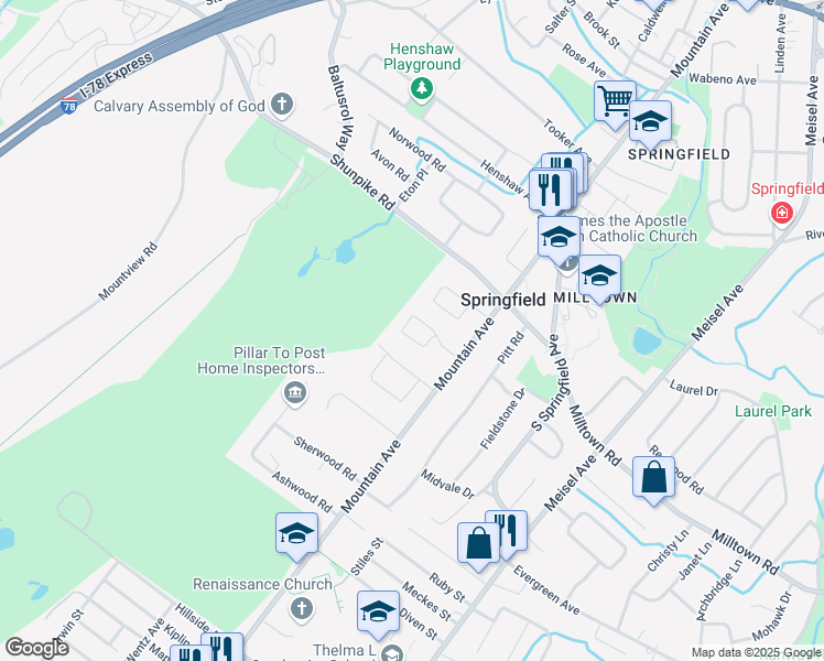 map of restaurants, bars, coffee shops, grocery stores, and more near 43 Golf Oval in Springfield Township