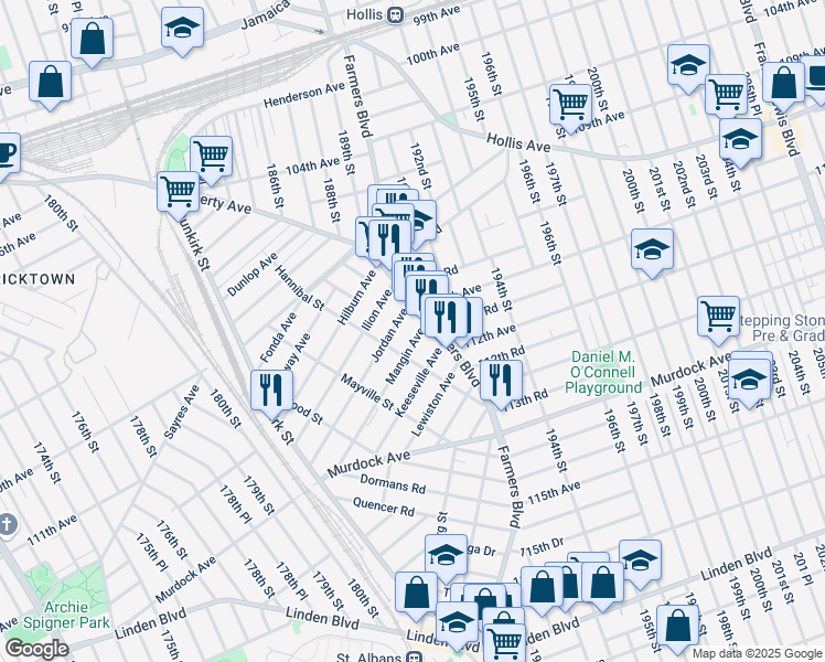 map of restaurants, bars, coffee shops, grocery stores, and more near 189-25 Mangin Avenue in Queens