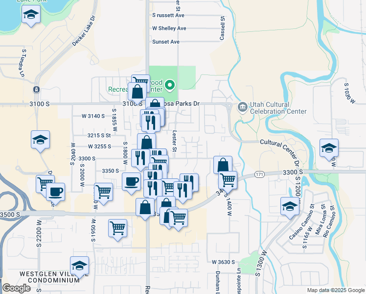 map of restaurants, bars, coffee shops, grocery stores, and more near 1571 West 3255 South in West Valley City
