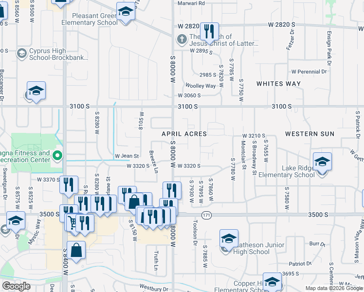 map of restaurants, bars, coffee shops, grocery stores, and more near 7967 Gompers Ave in Magna