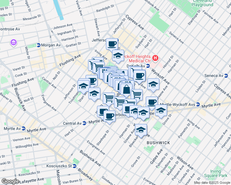 map of restaurants, bars, coffee shops, grocery stores, and more near 1457 Dekalb Avenue in Brooklyn