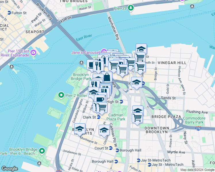 map of restaurants, bars, coffee shops, grocery stores, and more near 71 Poplar Street in Brooklyn