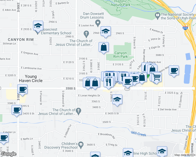 map of restaurants, bars, coffee shops, grocery stores, and more near 2849 3220 South in Salt Lake City