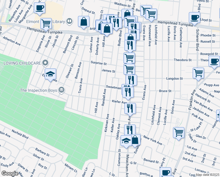 map of restaurants, bars, coffee shops, grocery stores, and more near 264 Kirkman Avenue in Elmont