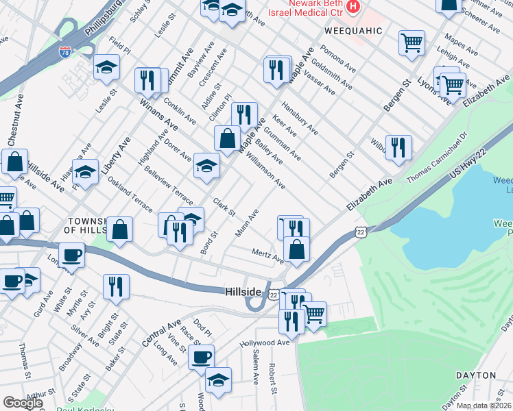 map of restaurants, bars, coffee shops, grocery stores, and more near 1528 Munn Avenue in Hillside