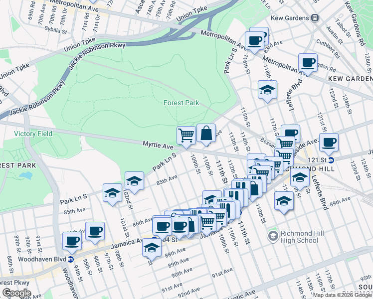 map of restaurants, bars, coffee shops, grocery stores, and more near Myrtle Avenue & Park Lane South in Queens