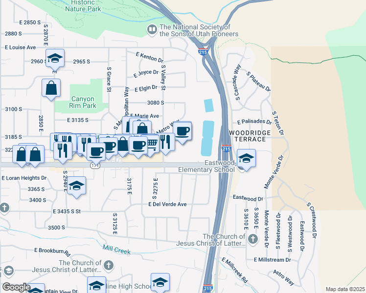 map of restaurants, bars, coffee shops, grocery stores, and more near 3215 South Valley Street in Salt Lake City