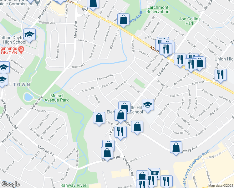 map of restaurants, bars, coffee shops, grocery stores, and more near 750 Andover Road in Union