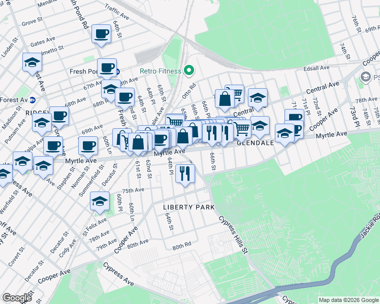 map of restaurants, bars, coffee shops, grocery stores, and more near 65-8 Myrtle Avenue in Queens