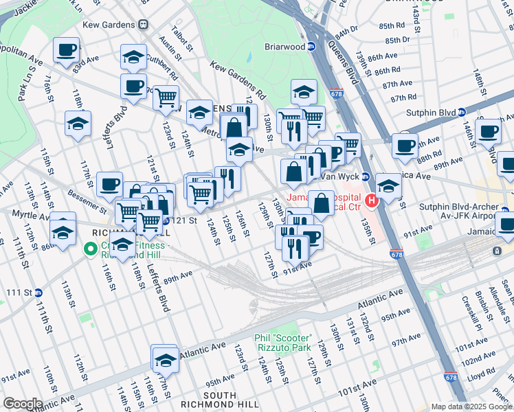 map of restaurants, bars, coffee shops, grocery stores, and more near 87-14 129th Street in Queens